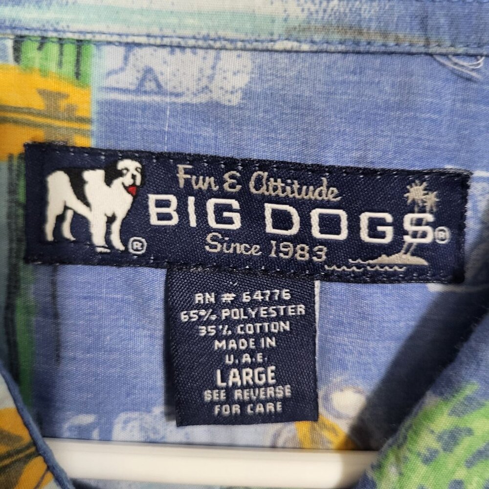 Big Dogs Mens SZ LG Hawaiian Button Down Shirt Tiki Palm Blue - Picture 6 of 8
